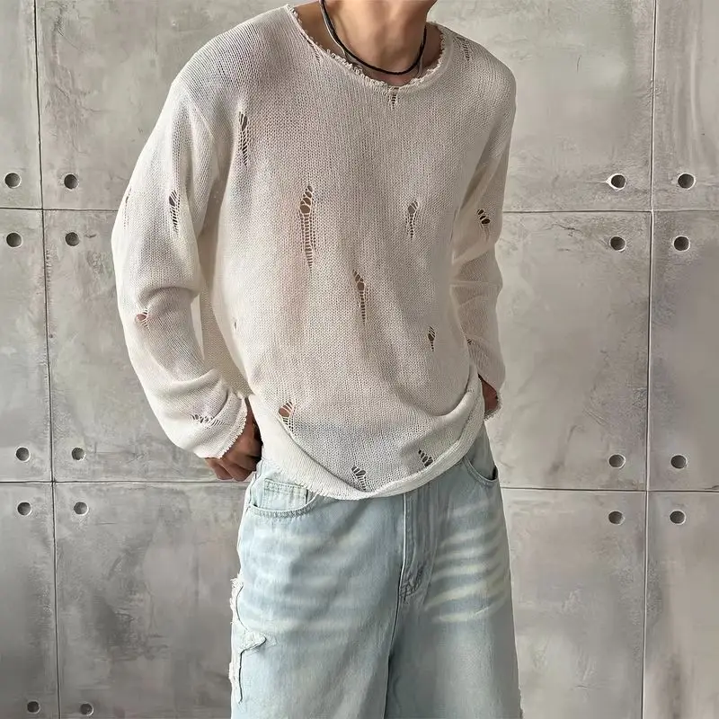 

Men's High Street Distressed Knit Long Sleeve T Shirt Lightweight See-through Loose Lazy Shoulder Sun Protection Casual Tops