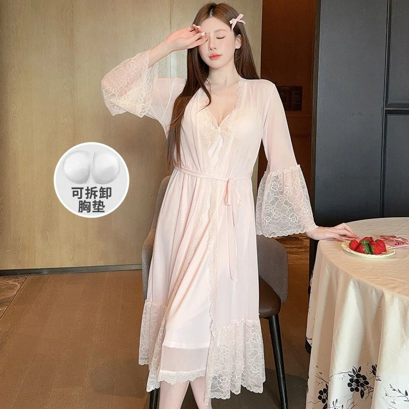 2피스 섹시 레이스 란제리 실크 새틴 나이트가운 로브 세트 (여성용) 2025 가을 한국식 목욕가운 잠옷 나이트드레스