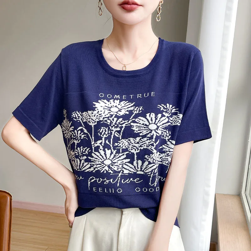 

2025 Summer New Thin Breathable Round Neck Lyocell Short Sleeve Women's Loose Fit Hoodie Versatile T-shirt Jacquard Knitted Tops