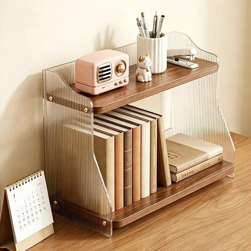 Clear Ribbed Acrylic Desk Shelf, 2-Layer Wooden Countertop Organizer, Space-Saving Storage Rack for Magazine Perfume Books Decor