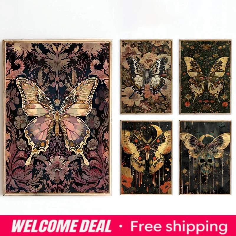 2026  Butterfly Romantic Floral Boho Posters and Prints Canvas Printing Vintage Wall Art Picture for Living Room Home Decor G