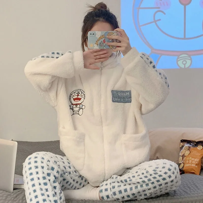 2024 New Coral Velvet Pajamas Autumn Winter Thickened Plush Sleepwear Women's Sweet Cute Lace Princess Style Flannel Homewear