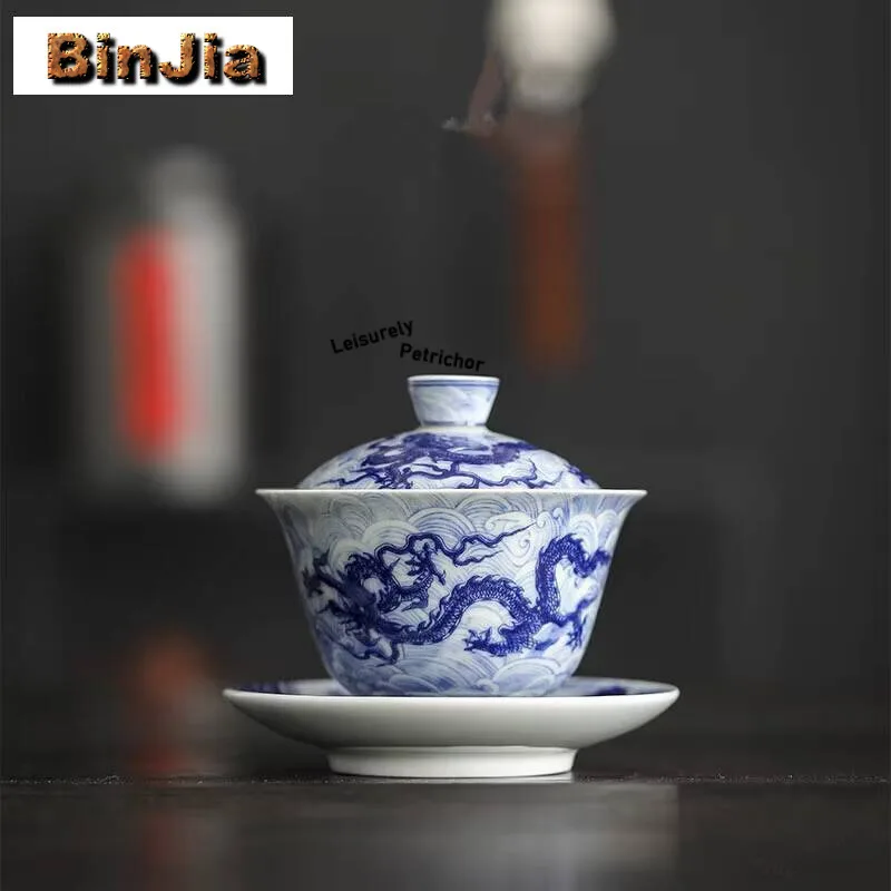 

150 мл Цзиндэчжэнь синий и белый Гайвань античный дракон узор чайная сушилка крышка чаша элегантные украшения для церемонии аксессуары