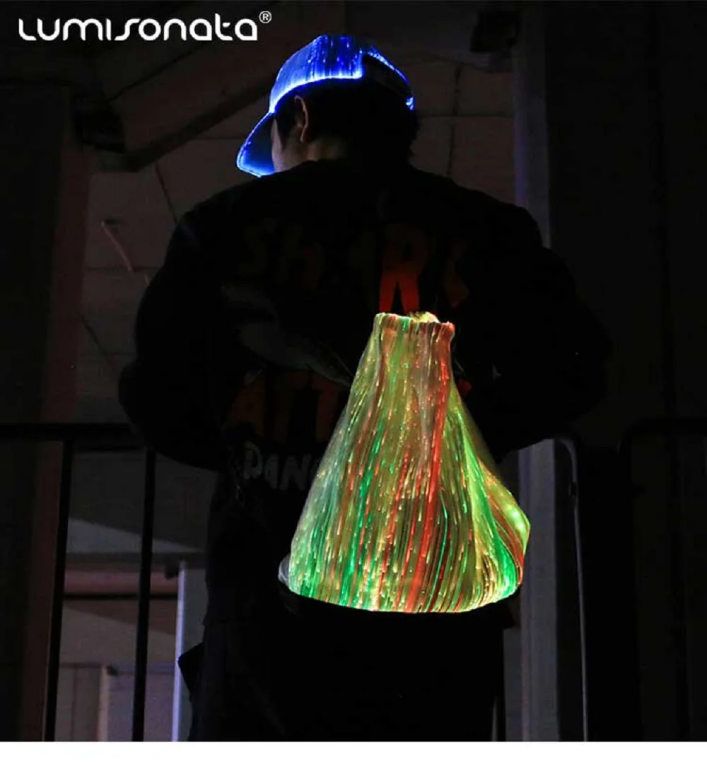 Lumisonata Fiber Optic fabric Led light up Drawstring Backpack Unisex Flashing For Rave Music Festival Party Christmas Halloween