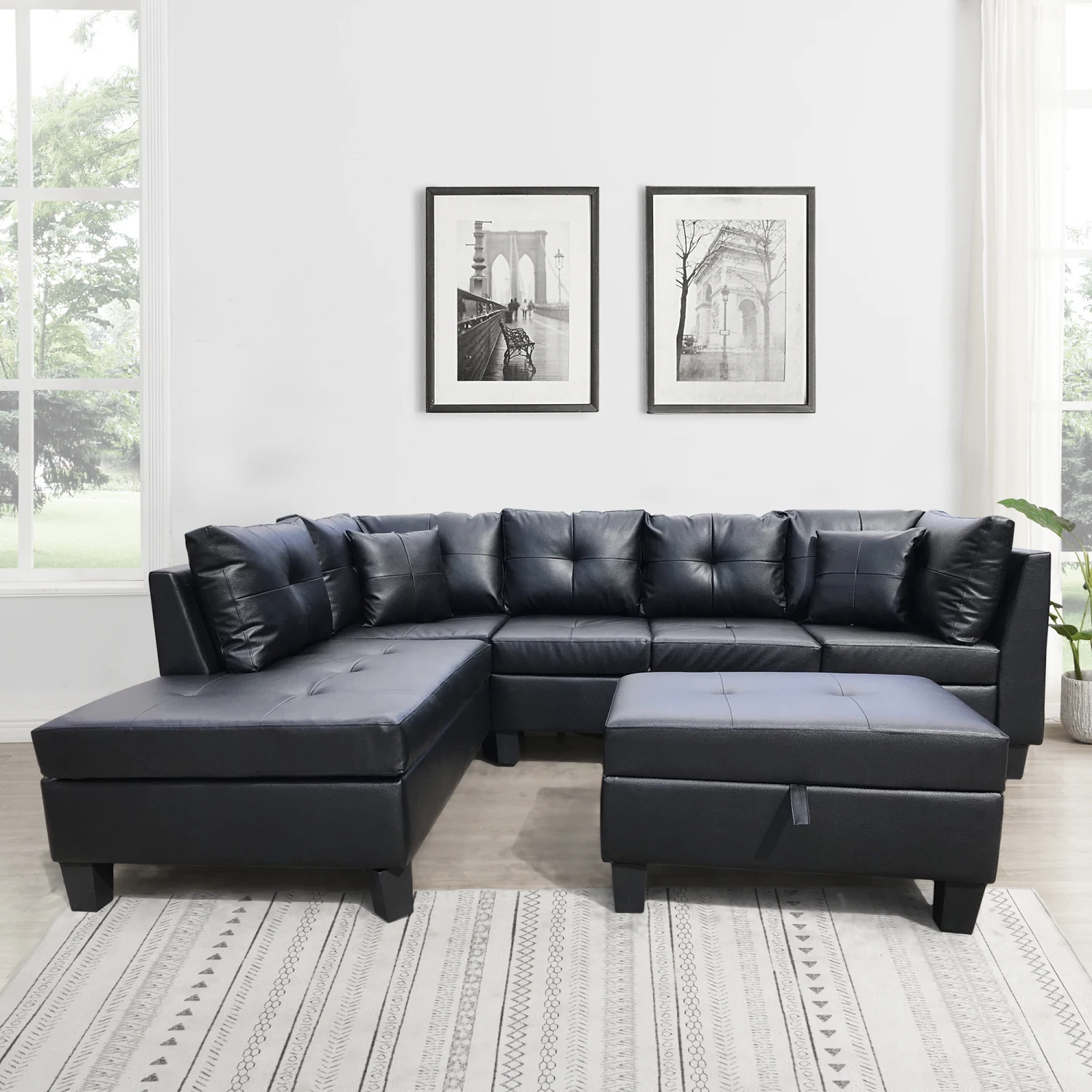 3-Piece sofa with 1 x 3-seat sofa, 1 x Left chaise lounge, 1 x storage ottoman, 7 x back cushions, 2 x throw pillows (BLACK PU)