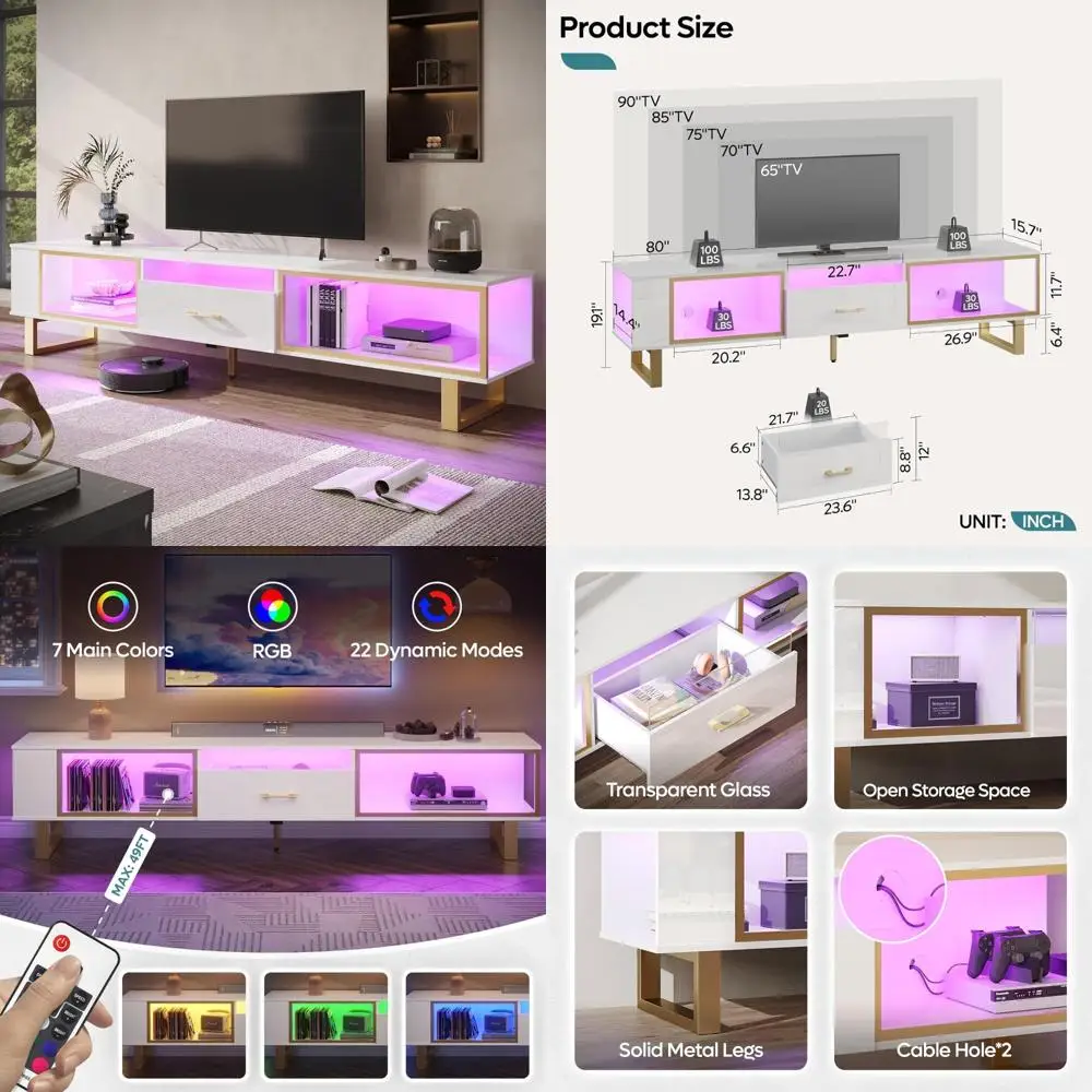 LED Gaming Entertainment Center, 80 Inch TV Stand for 65-90 Inch TVs, Open Storage, Half-Glass Design Drawers