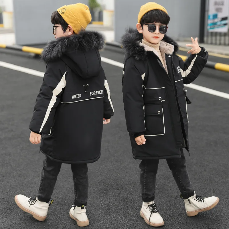 -30℃ 2024 Winter Boys Jacket Plush Thick Cold Prevention Solid Color Hooded Down Cotton Windbreaker Coat For 4-14 Years Old Kids