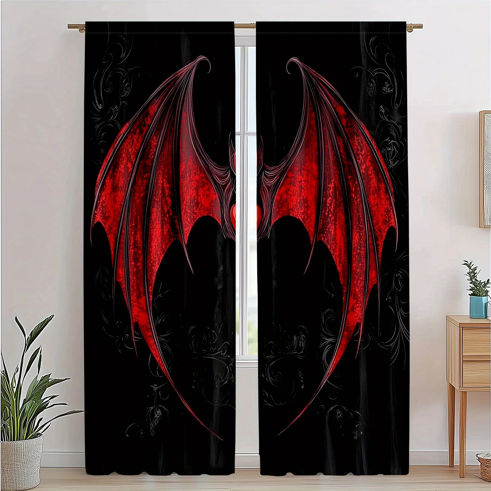 Gothic Dragon Wings Curtains Red Fantasy Art Window Drapes Mythical Beast Home Interior Dark Theme Living Room Curtain