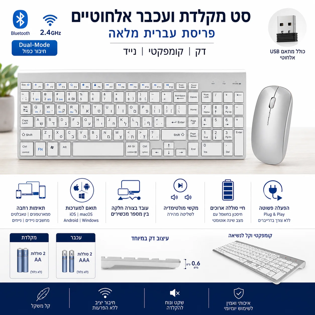 Hebrew/English Layout 101-Key Dual-Mode (2.4G + Bluetooth) Compact Wireless Keyboard Mouse Set for Windows IOS Mac Android