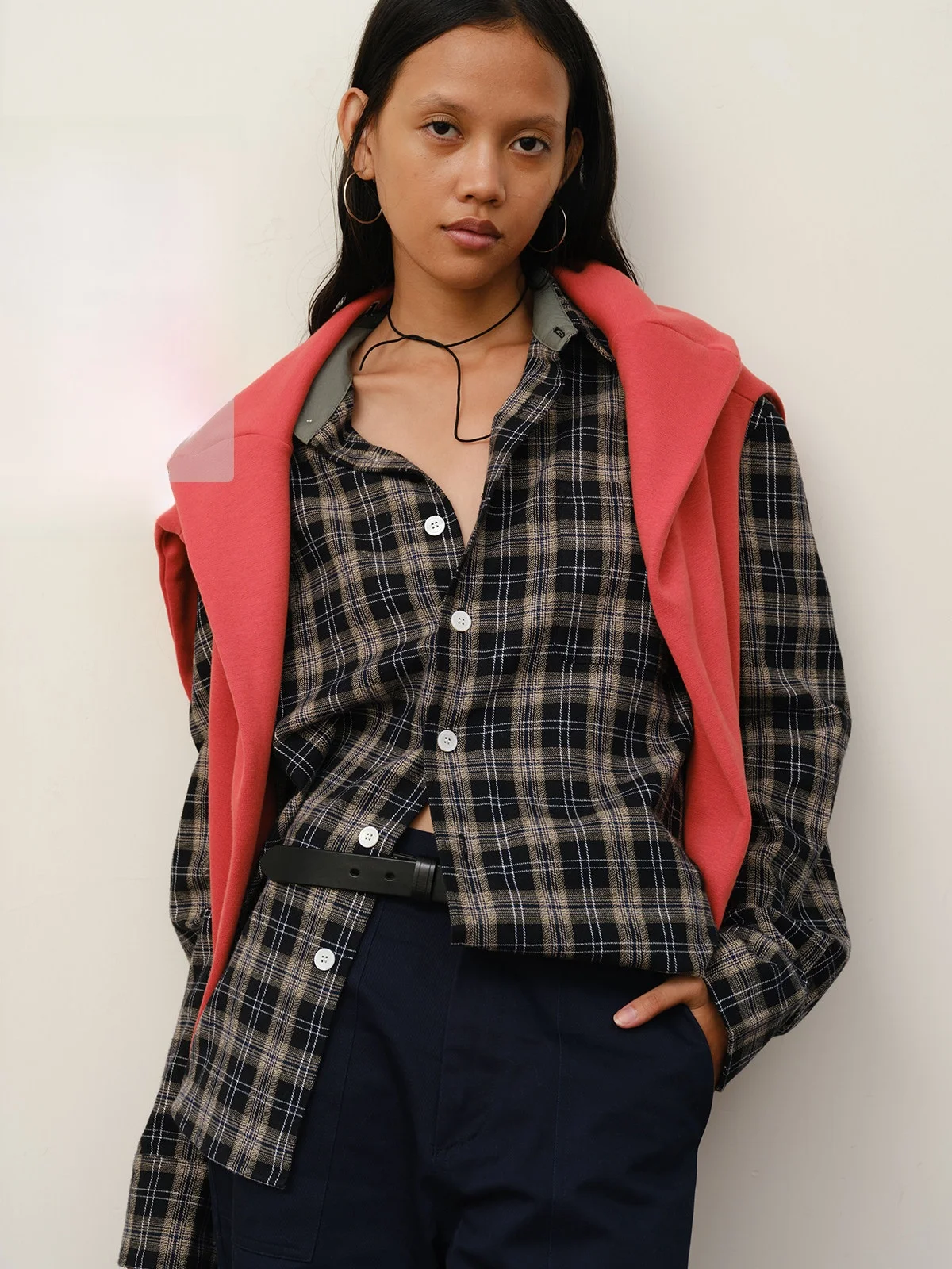 

Double Layer Color Blo Cotton Plaid irt Jaet Casual Sle Women's Breathable Long Sve Loose Fit irt Outerwear