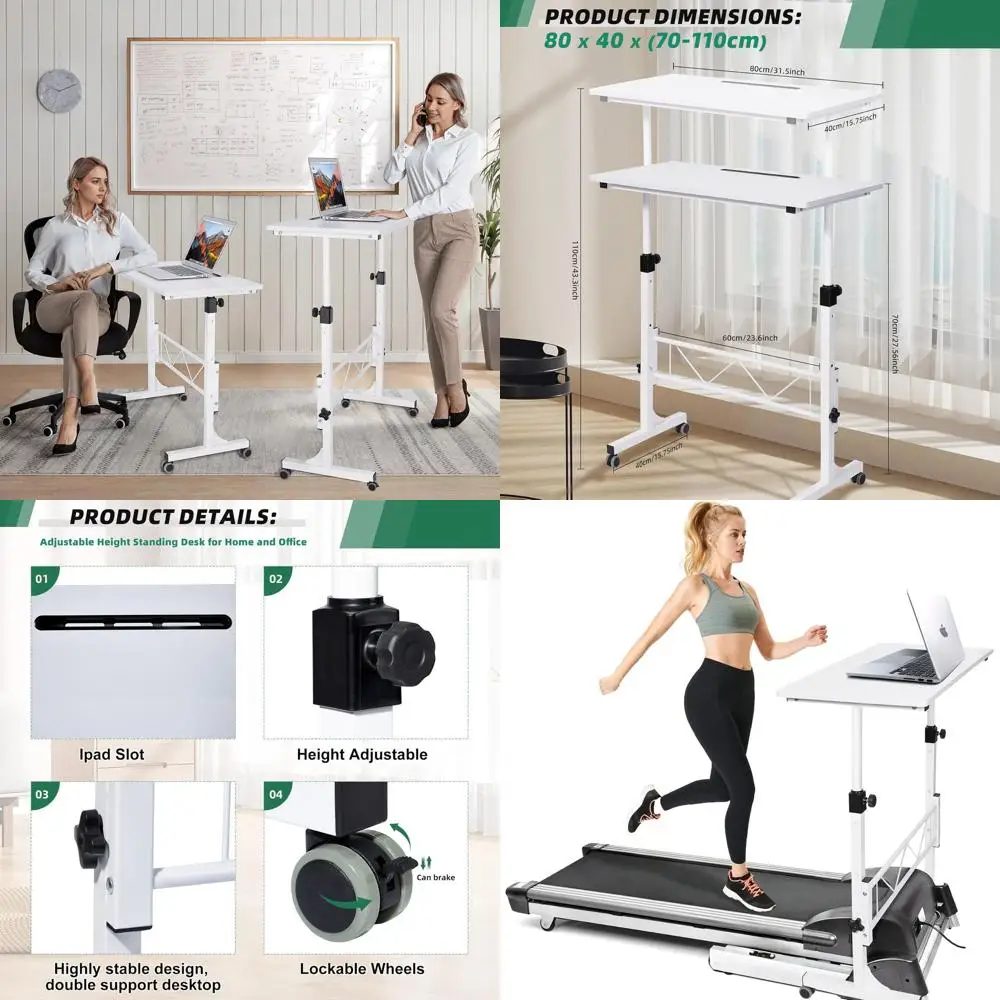 Portable Rolling Laptop Desk with Adjustable Height for Treadmill and Sit-Stand Use in White