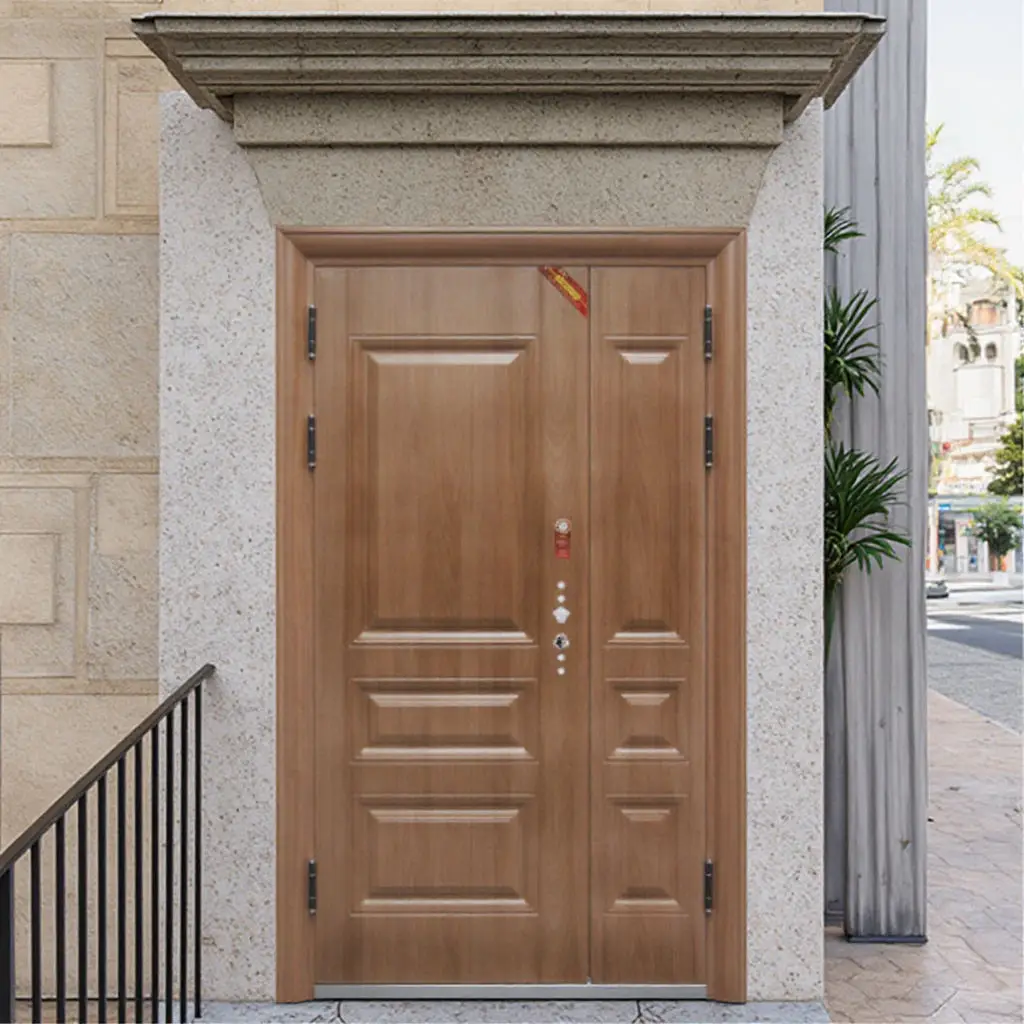 Fashion Wood Grain Color Aluminum Alloy Entrance Door Anti Rust Heavy Duty Hinged Doors High Quality Finished Front Doors
