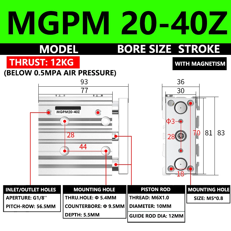 ABILKEEN MGPM Series Pneumatic Compact Guide Cylinder MGPM20-40Z 20MM Bore X 40MM Stroke Thin Three Axis Three Rod Air Cylinder