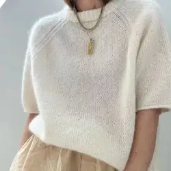 Minimalist high-end minimalist style short sleeved round neck sweater pullover sweater, mohair hand woven women's new style