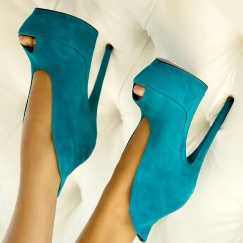 

Turquoise Suede Ankle Boots Sky High Platform V Cut Shallow Short Bootie Stretch Slip On Women Party Dress Shoes Size 46