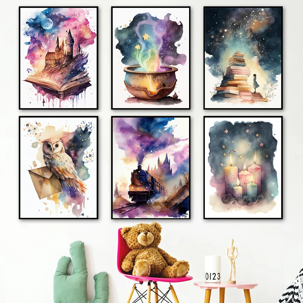 Canvas Painting Wizard Magic Flying Broom Owl Train Potter Wall Art Prints Nordic Posters Nursery Wall Pictures Kids Room Decor