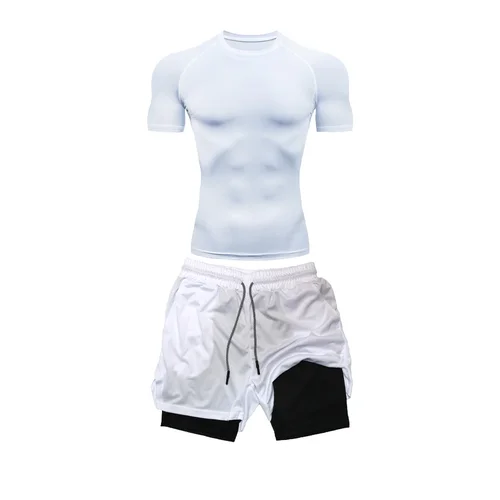 Imagen 2 del producto Traje ajustado de compresión para hombre, pantalones cortos de doble capa de manga corta de secado rápido, traje de Fitness deportivo informal de verano