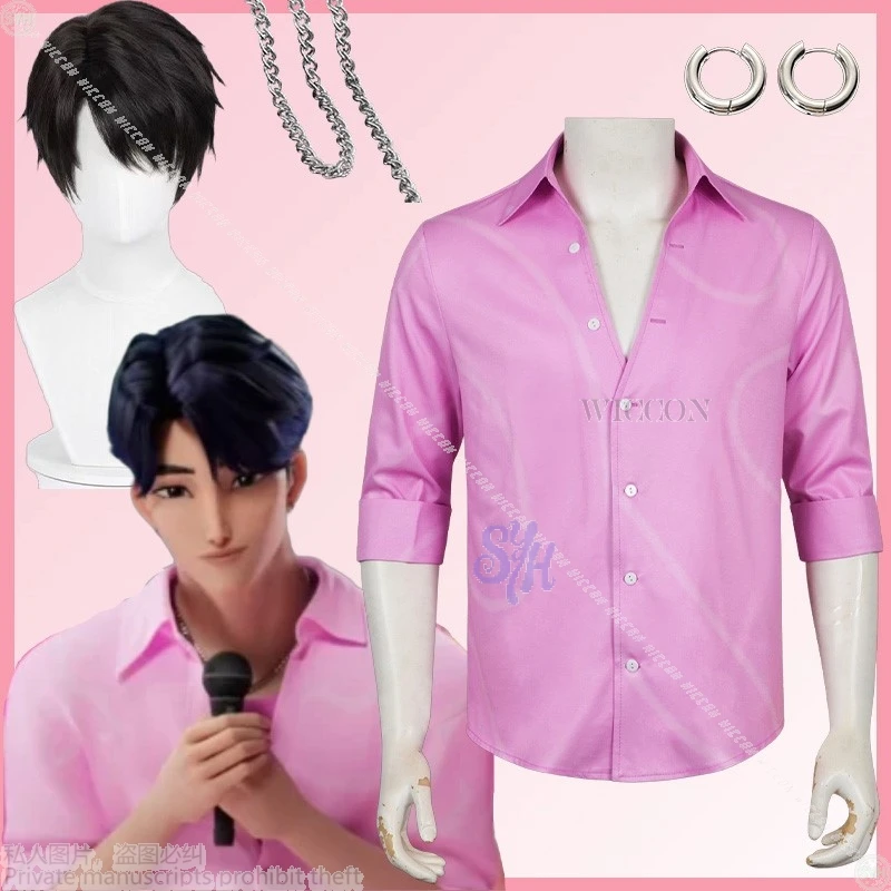 Saja Boys Jinu Cosplay Anime Película Kpop Demon 1-0Camisa rosa de manga larga Accesorios guapos Pendiente Collar Halloween Navidad