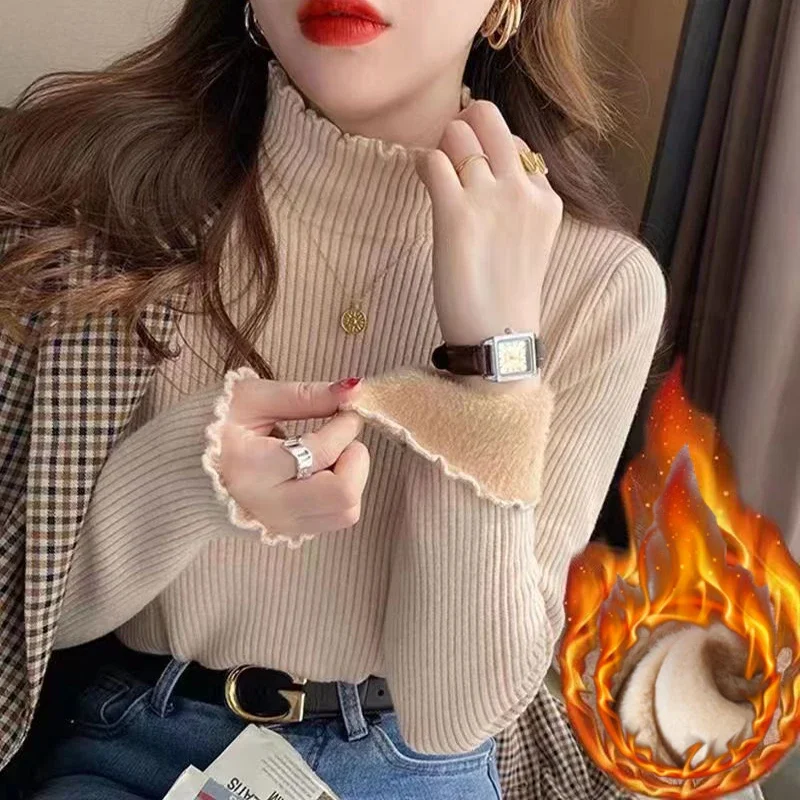 

Зимний вязаный пуловер, водолазка, свитер, трикотаж, женские элегантные утепленные свитера на бархатной подкладке, тонкие топы, джемпер из джерси, новинка