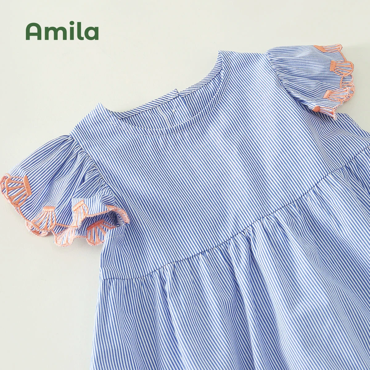 Amila Children\'s Clothing Girls Dress 2022 Summer New Small Shell Children\'s Baby Striped Short-sleeved Skirt Trendy