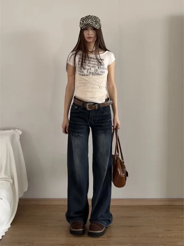 

American Sle High Waist Wide Leg Jeans Women's Spring New Loose Slim Straight Treetree Floor-Length Pants