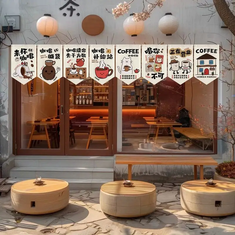 VIKAMA Cartoon Coffee Slogan Triangle Hanging Flag Noren Curtain Cafe Coffee Shop Partition Banner Storefront Window Decor