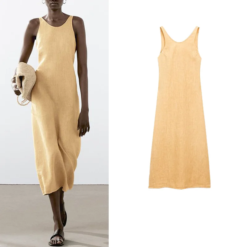 

Летнее женское простое элегантное платье-макси на бретельках с U-образным вырезом, свободного кроя, без рукавов, А-силуэт, для повседневной носки