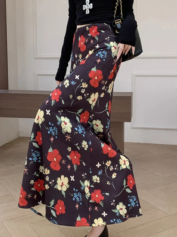 Zoki الأزهار الرجعية التنانير الطويلة النساء فو الجلد المدبوغ ضئيلة عالية الخصر Y2K تنورة الشارع الشهير خمر الأمريكية الخريف الشتاء حورية البحر التنانير