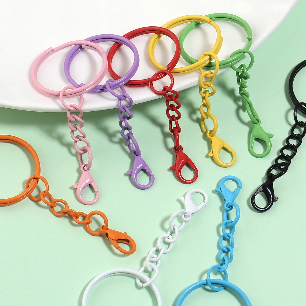 20pcs/Lot 25mm Colorful Keyrings with Chains Lobster Clasps for DIY Jewelry Making Keychain Connector Hooks Bags Holder Supplies