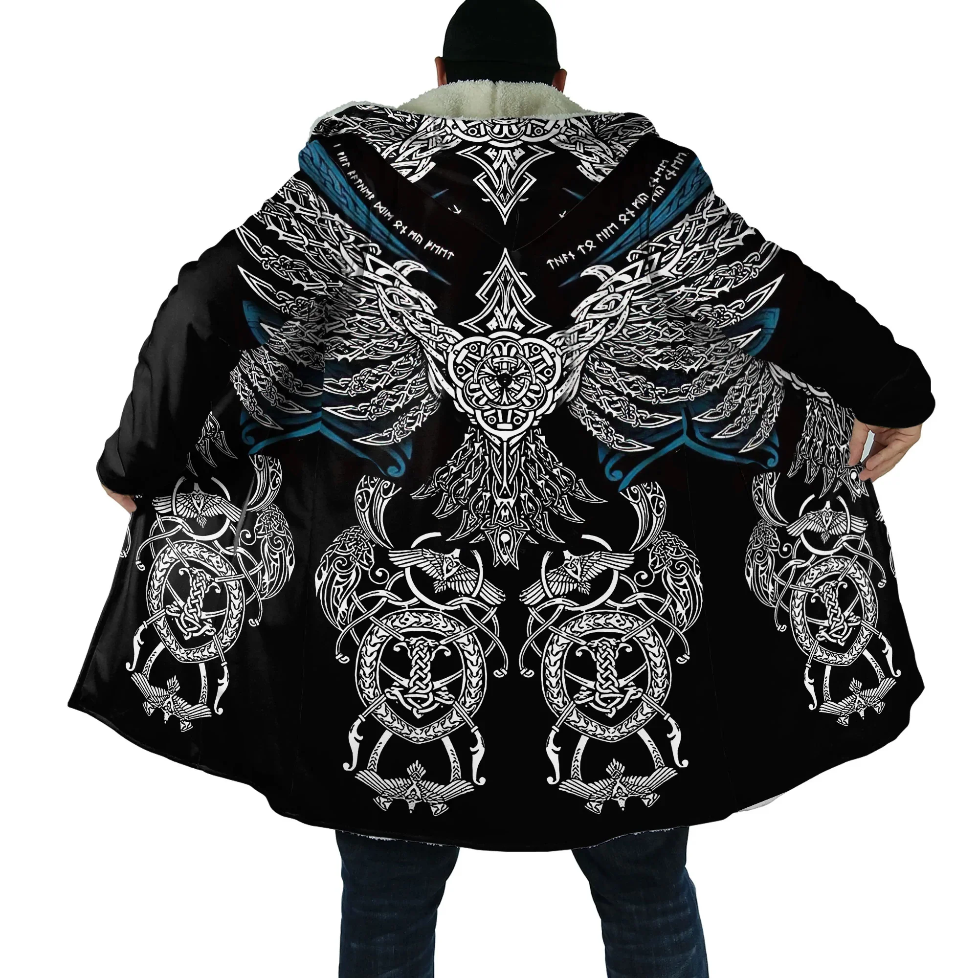 Winter Fashion Mens cloak Fenrir Vegvisir Runes Raven Tattoo 3D Print Thick Fleece Hooded Coat Unisex Casual Warm Cape coat DP24