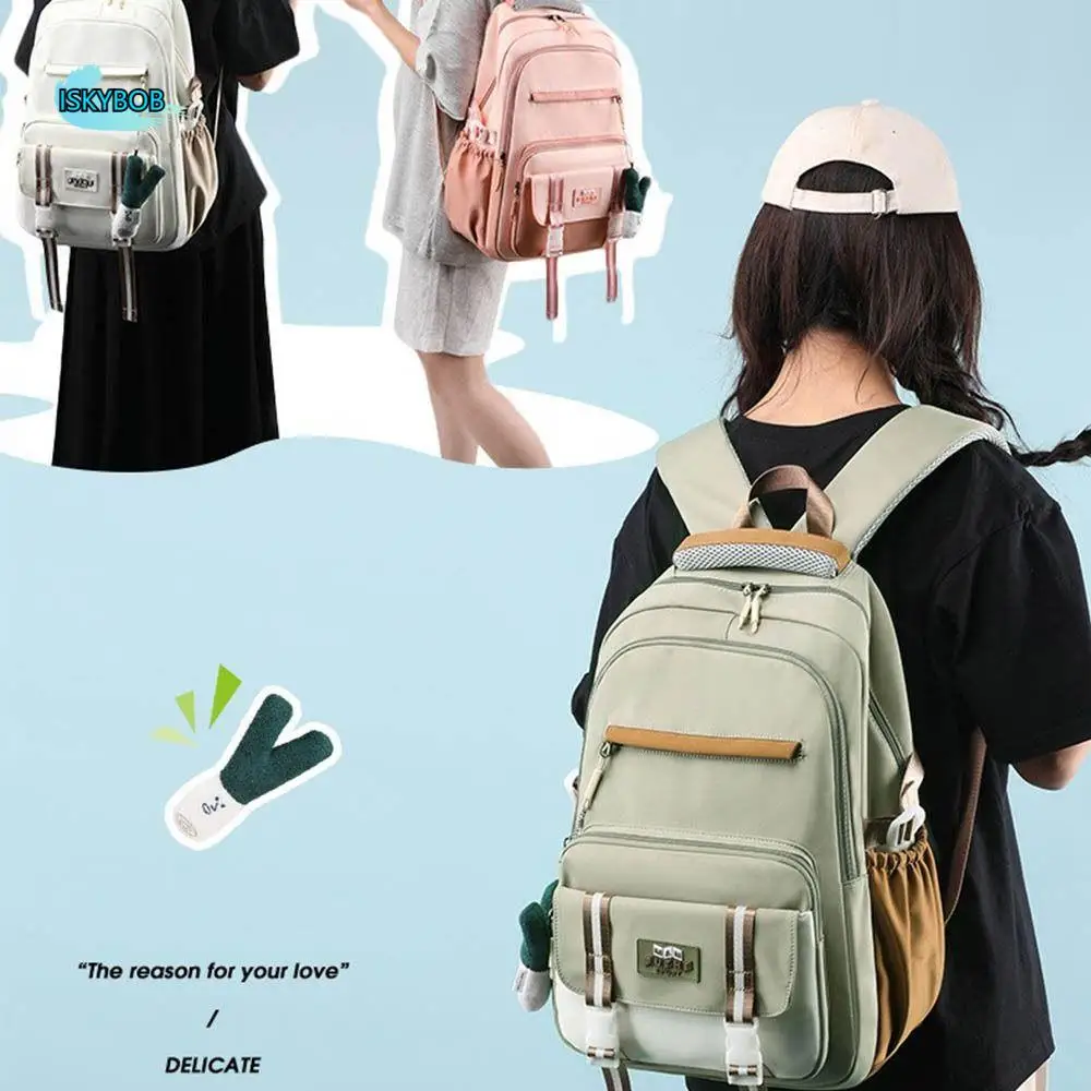 

Cute Nylon Large Student School Bag Waterproof With Cute Pendants Backpack Korean Style Leisure Schoolbag Travel