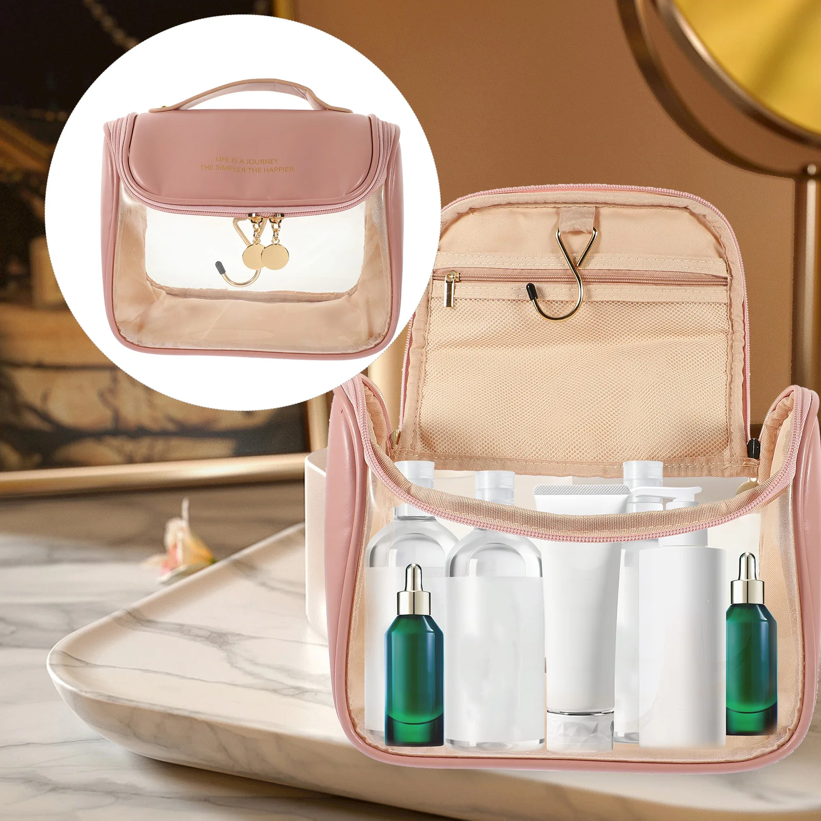 

Portable Pink Travel Toiletry Bag Large Capacity Clear Window Wall Mountable Storage for Women Bags