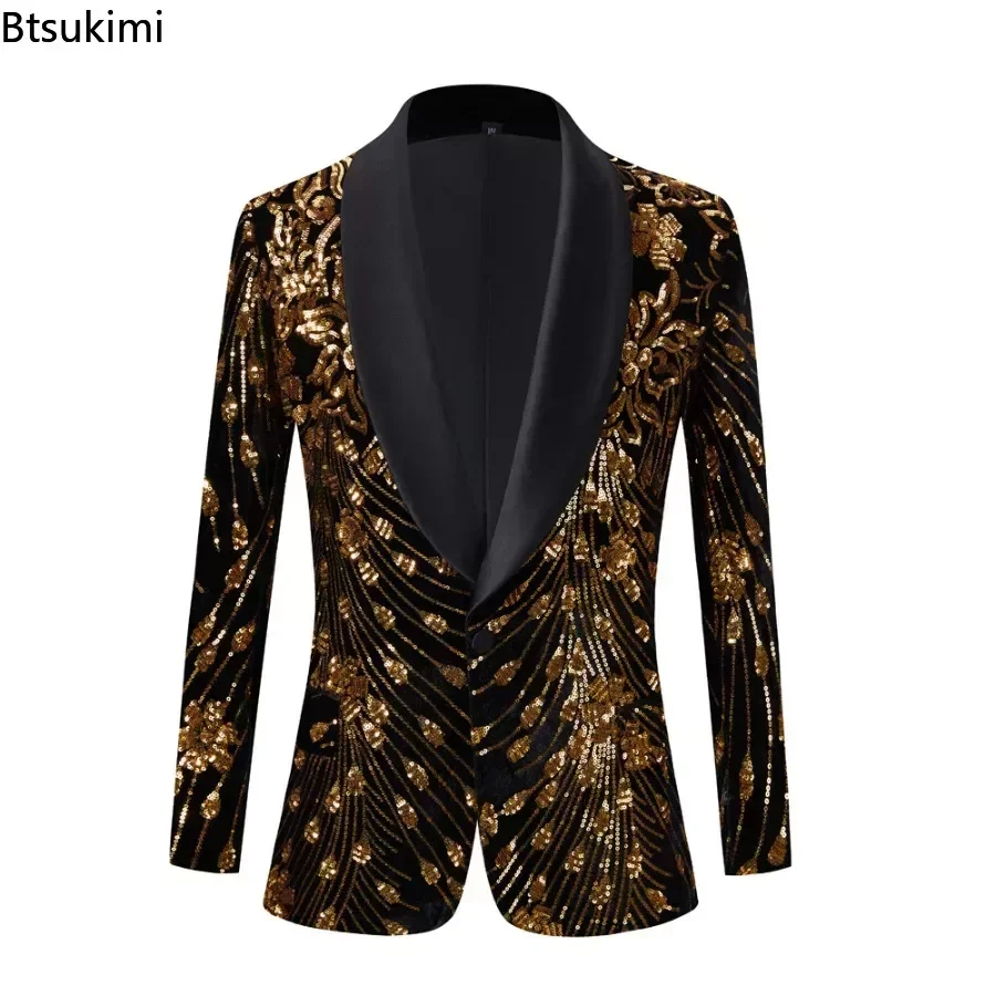 Black Shiny Gold Sequin Glitter Embellished Blazer Jacket Nightclub Prom Suits Wedding Stage Singer Costume for Men Suits Jacket