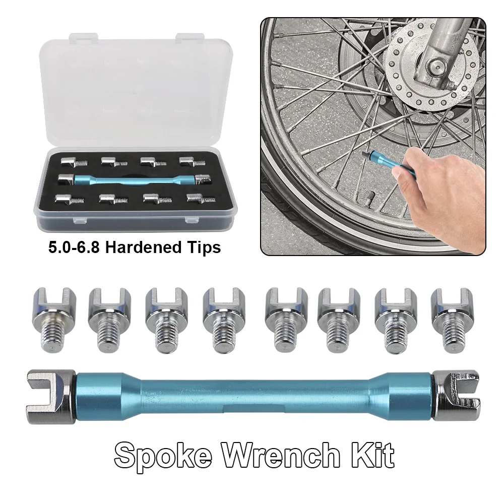 Motorcycle Spoke Wrench Set For Most Motorbikes Handle Repair Tool With 10 Pieces Hardened Tips 5.0~6.8 Adjusting Spoke Tension