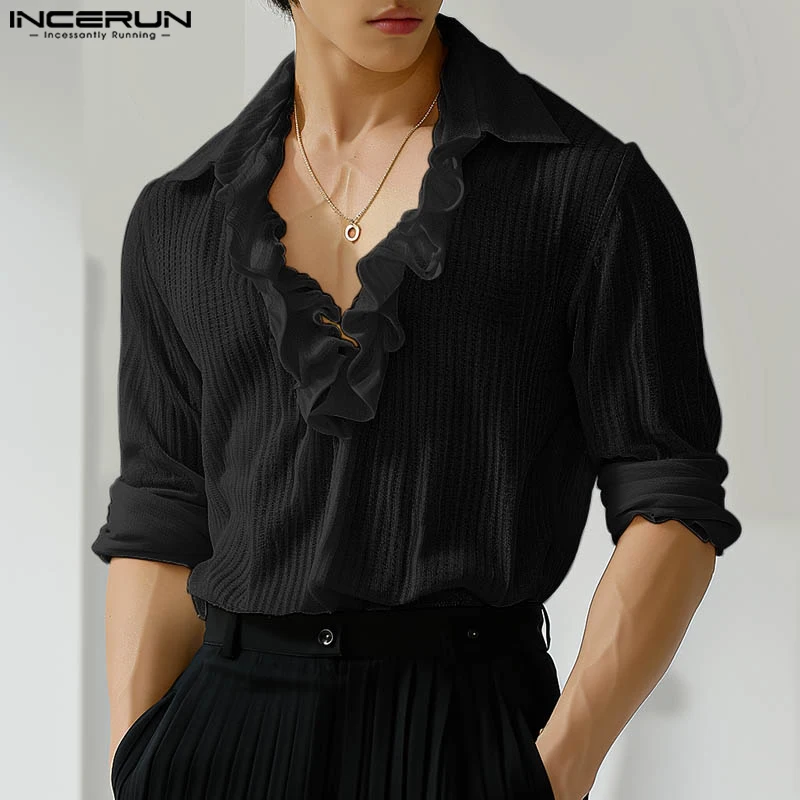 

INCERUN Tops 2024 Korean Style Fashion Men Solid Ruffle Edge Splicing Shirts Casual Clubwear Men Long Sleeved Lapel Blouse S-5XL