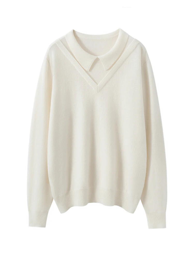 

TLOML Women's 100% Cashmere Sweater Doll Collar Design Fake Two Pieces Pullover Cashmere Knitwear Spring Autumn Soft Warm Tops