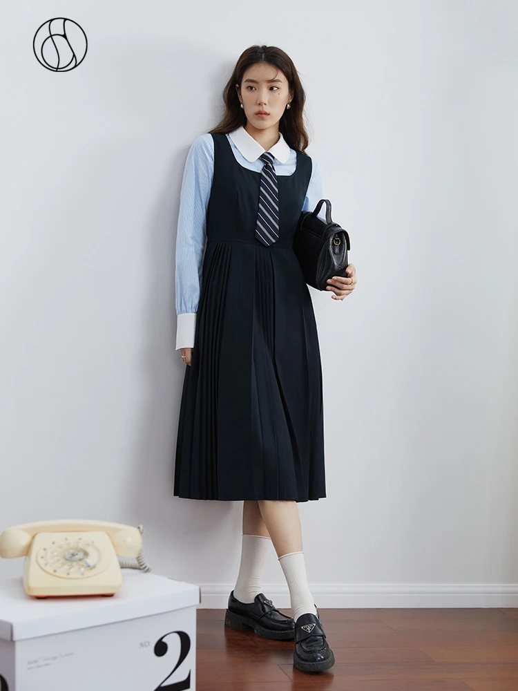 

DUSHU College Style Pleated Tank Top Dress for Women 2023 Fall Square Neck Sleeveless Versatile A-Line Pleated Dress Female