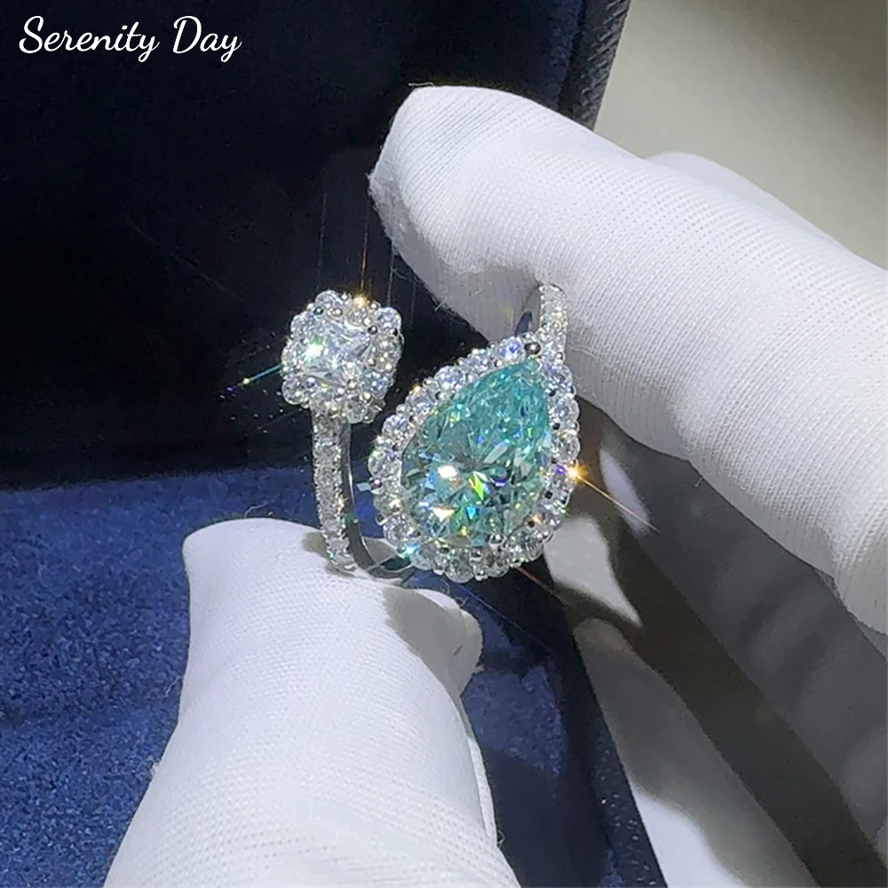 

Serenity 2ct Pear Cut Blue Green Moissanite Rings for Women Gift 100% S925 Sterling Silver Plated 18K Open Eternity Ring Jewelry