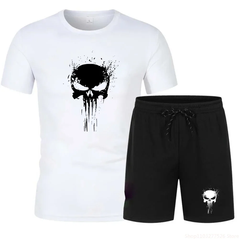 Men\'s skull printed sportswear, short sleeved T-shirt and shorts, two piece set of sportswear for cycling and jogging