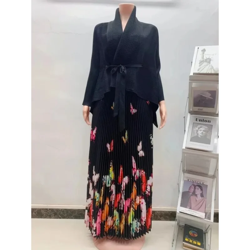 Bat Sleeve Loose Tie Top + Printed Half Skirt Two Piece Set 2024 Fall New High Pleated A-Line Skirt Set Banquet Formal Wear