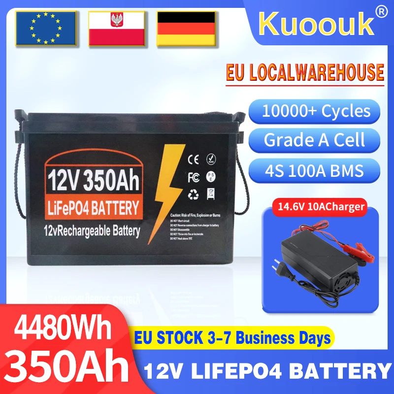 Image of 12V 350Ah Lifepo4-Batterie Klasse A 10000+ Zyklen mit 100A BMS Lithium-Eisenphosphat-Batterie für Transporter, Wohnmobile, Golfcarts, Solaranlagen