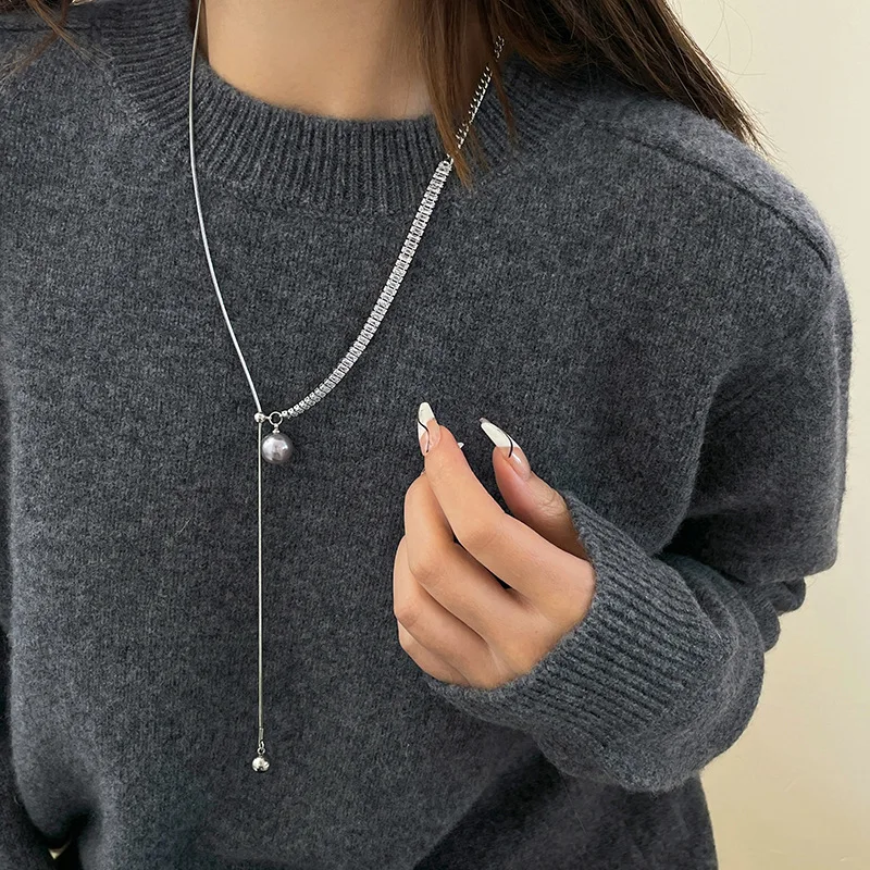 Pearl Rhinestone Drawstring Long Choker Necklace for Women Premium Unique Adjustable Design Lightweight Non Slip Party Daily