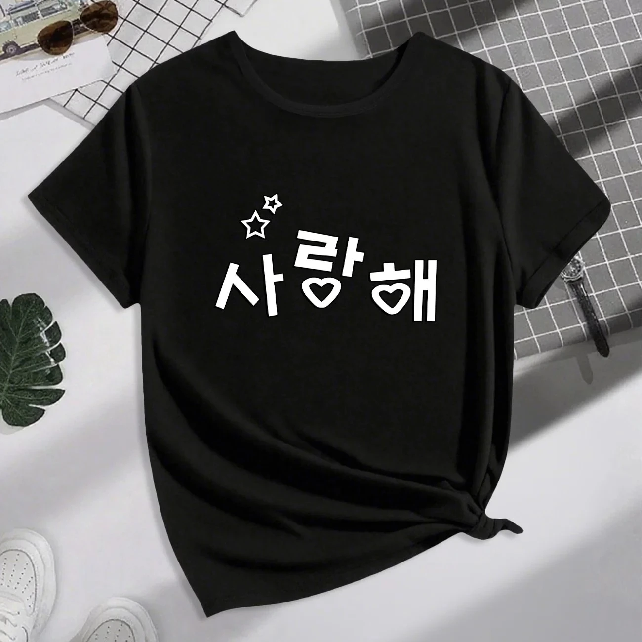 Women Fashion T-Shirt Korean Saranghae Heart Print Graphic Tee Casual Short Sleeve Sale Clothes with Many Korean Reviews Able