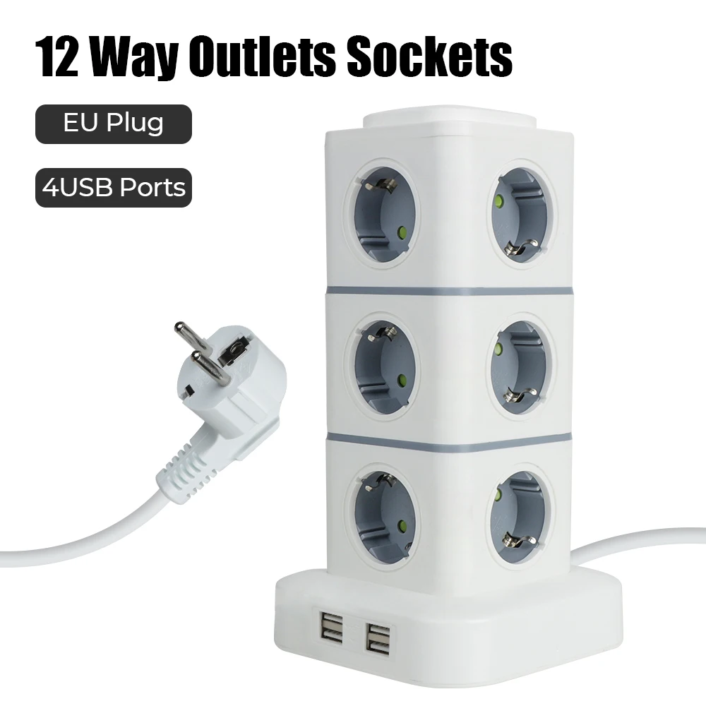 Tower 12 Way Outlets Socket 2.8m Extension Cord with 4 USB Overload Protector Switch EU Plug 5V 3.1A Multi Power Strip Vertical