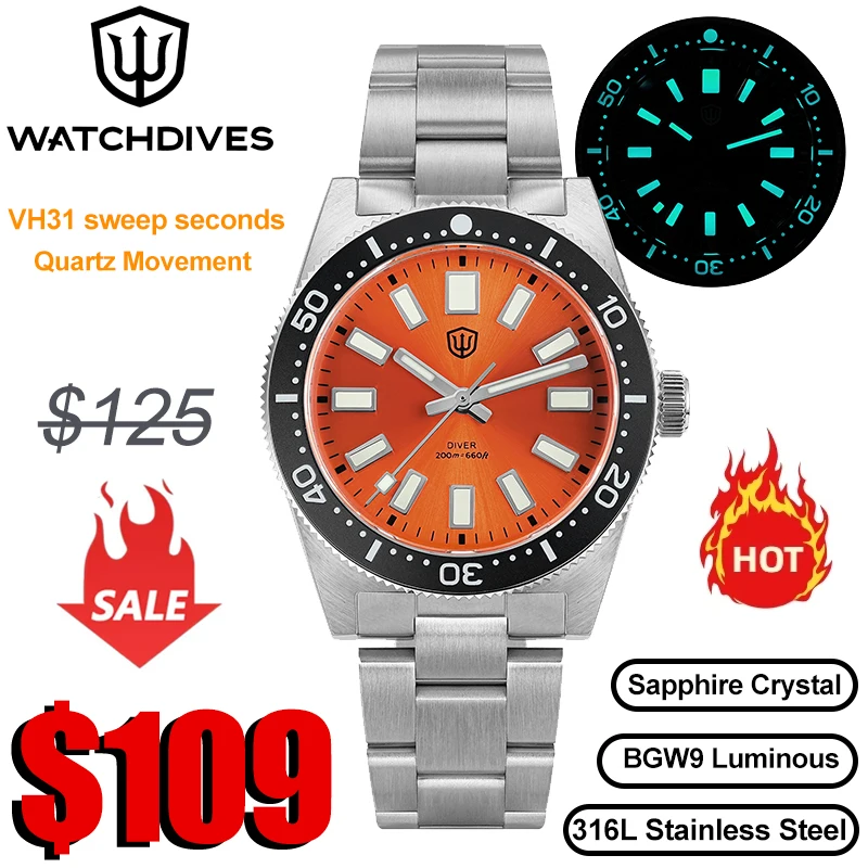 Watchdives WD1965 V2 Quartz Watch VH31 Sweep Second Movement Luminous Domed Sapphire 20Bar Waterproof 38mm Vintage 62mas Watches