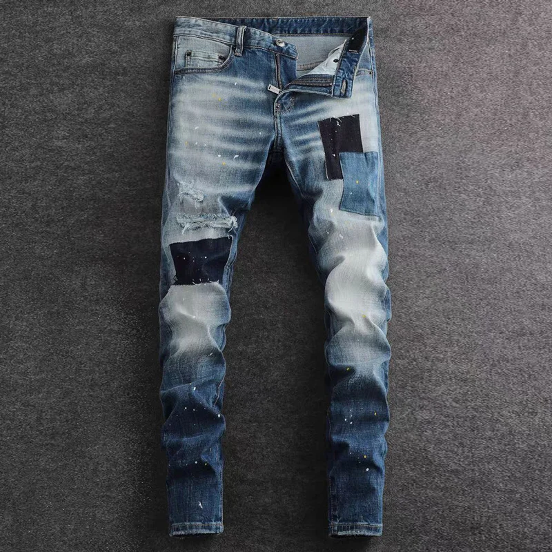 High Street Fashion Men's Retro Blue Jeans Elastic Slimming Ripple Jeans Men's Splicing Designer Brand Retro Denim Pants Hombre