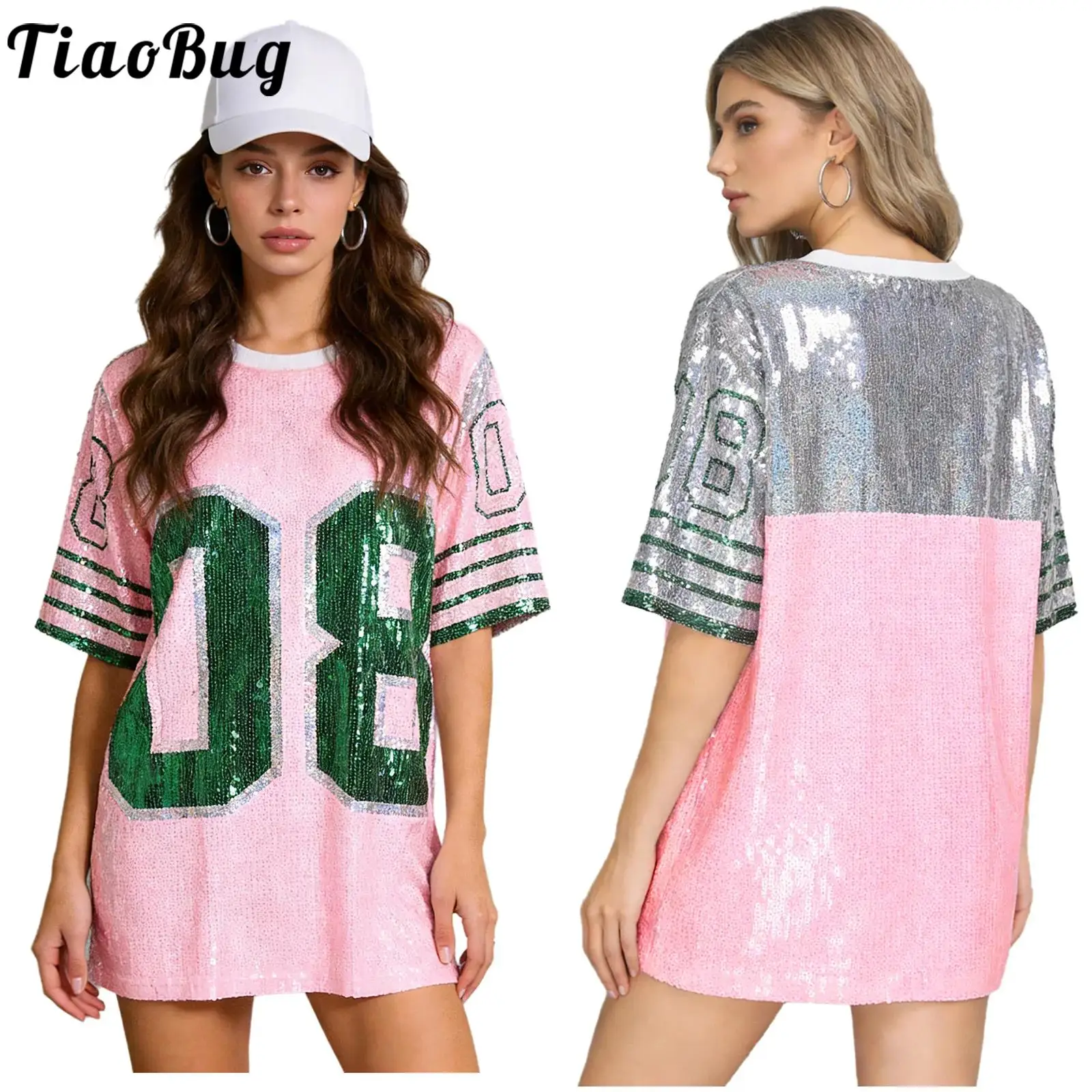 

Women Glittery Sequin Number Graphic T-shirt Fashion Crew Neck Short Sleeve Shirt Sporty Tops for Watching Ball Game Raves Party