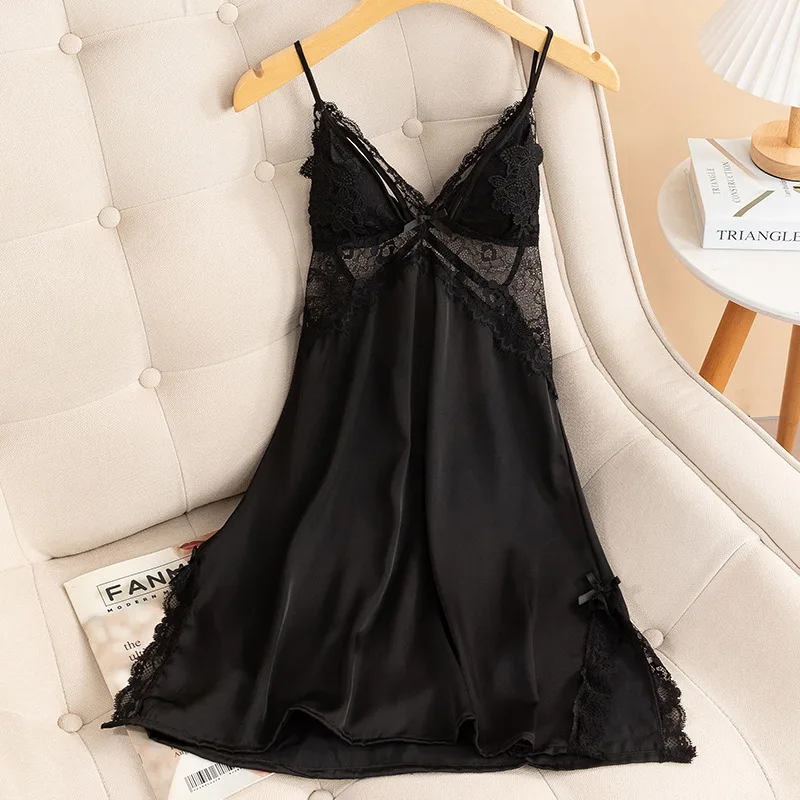 Sexy Chemise Nightgown Summer Female Sleepwear Dress Lingerie Women Lace Nightdress Nightwear Satin Dressing Gown Homewear