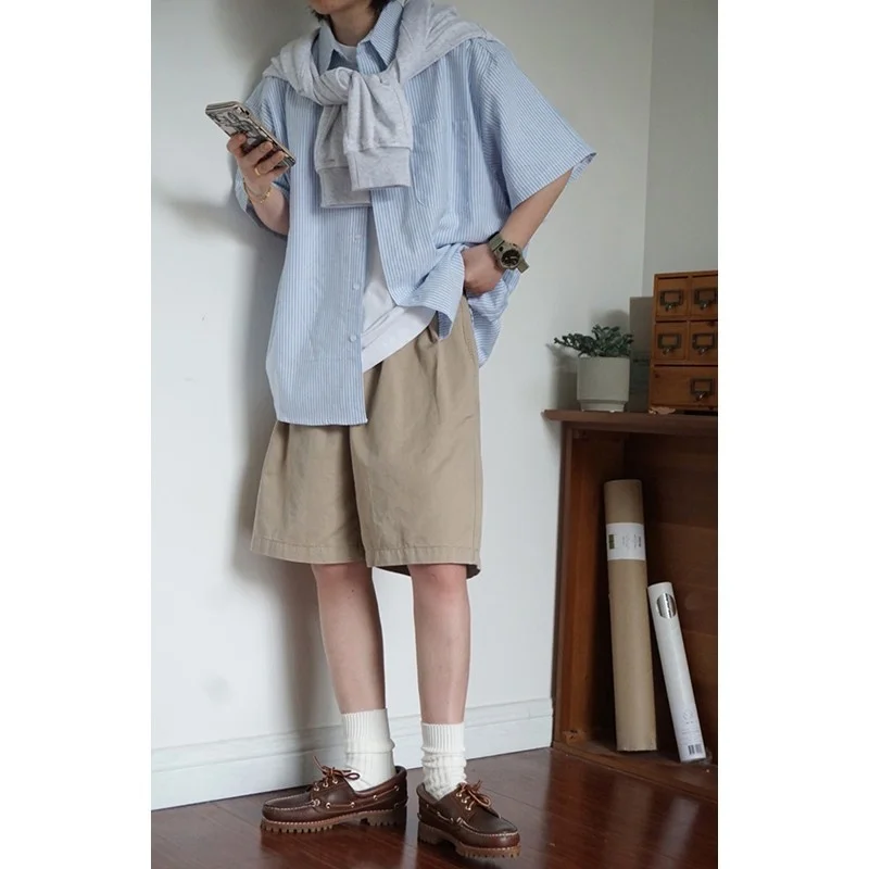 

Retro Japanese Sle Striped ort Sve irt Loose Casual ex Summer Ci Boy Outerwear Youth Faion Flat Iron Treaent