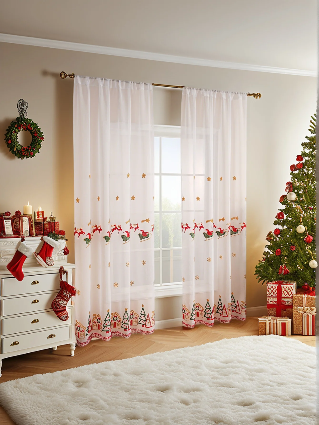 1 قطعة عيد الميلاد الرنة مزلقة المطرزة تول القطب الستار لغرفة المعيشة غرفة نوم عطلة ديكور الحفلات #2